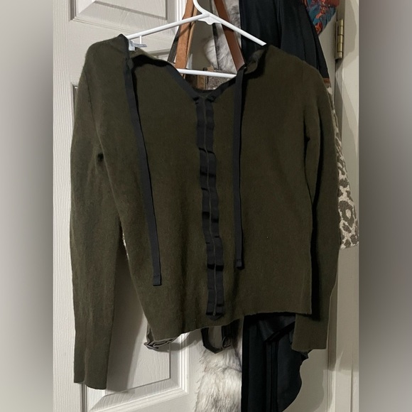 Jigsaw Dark Olive Crew Neck Lambswool Blend Sweater Tie Back Cropped Fitted - Picture 3 of 9